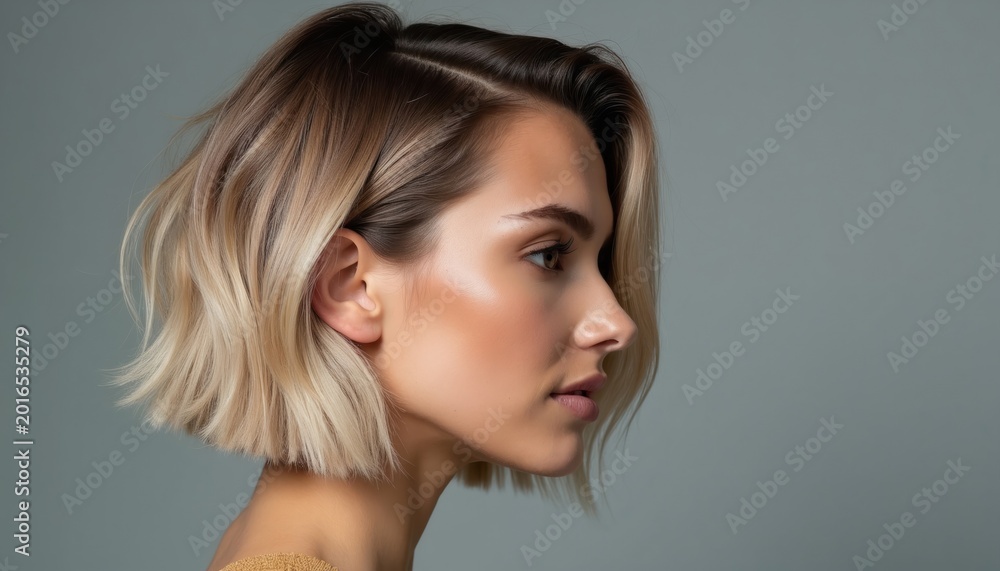 Naklejka premium Woman with trendy bob hairstyle and balayage hair color. She has makeup and poses in profile view against a grey background. Elegant and modern look.