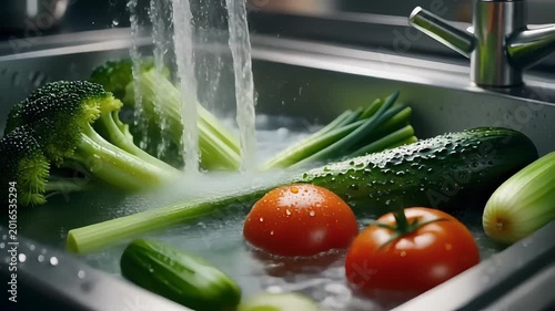 Vegetables being washed in a kitchen sink