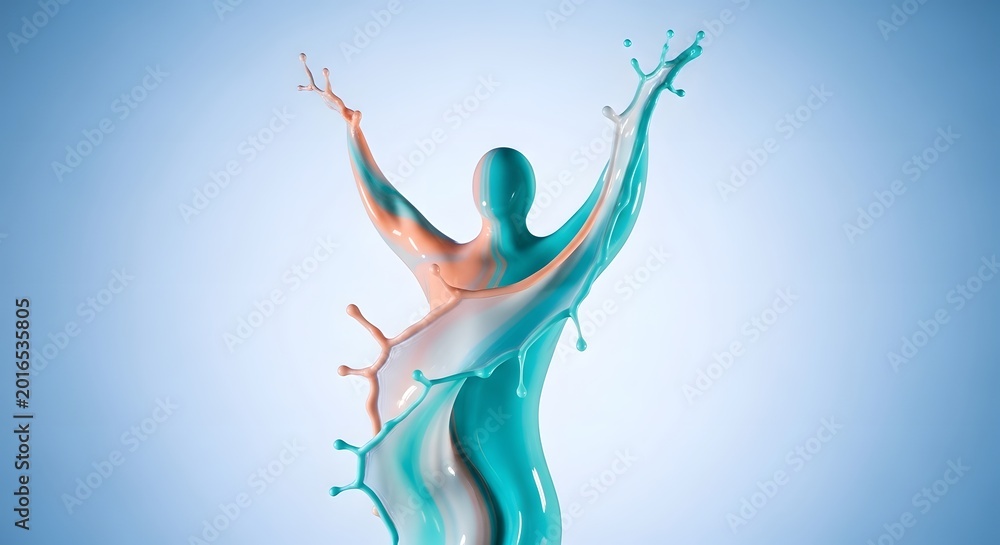 Obraz premium Abstract human figure made of splashing liquid paint in turquoise and peach colors