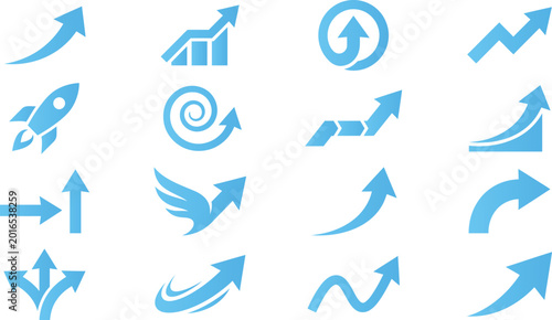 Billede på lærred Set of blue growth arrows and upward trend icons representing business success progress