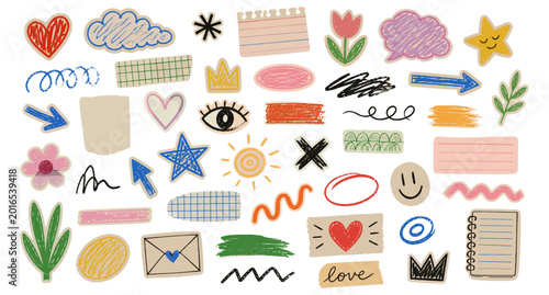 Photos Funky doodle scrapbook collage stickers with crayon scribbles, arrows, crowns, stars and craft paper cutout elements