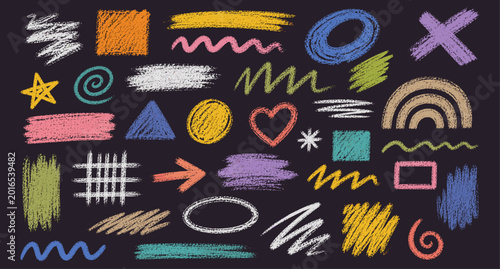 Tableau sur toile Thick crayon chalk scribble strokes and pastel doodle lines on blackboard background