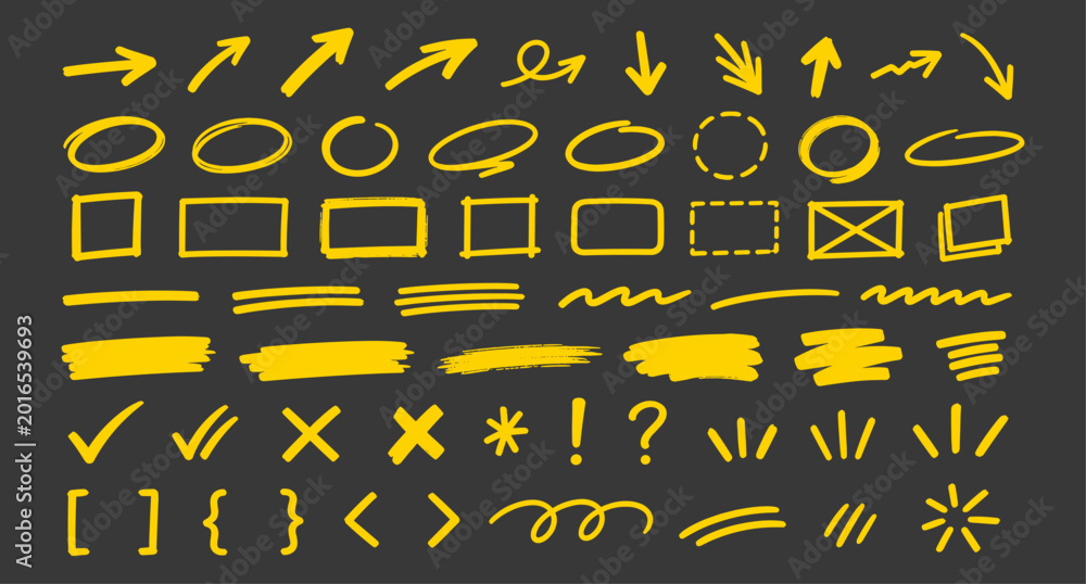 Fototapeta premium Hand drawn yellow highlighter marker set with arrows, circles and bold underline strokes. Text emphasis pen marks for notes, annotation design and creative highlight elements. Vector illustration