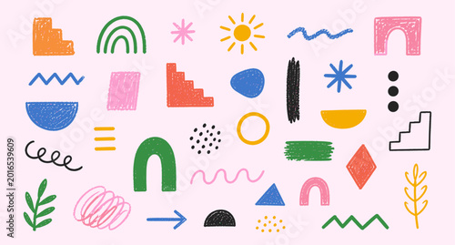 Cuadro en lienzo Funky crayon geometric doodle shapes and playful chalk lines