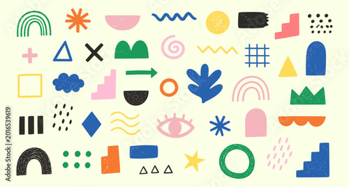 Foto Funky crayon geometric shapes and doodle lines collection