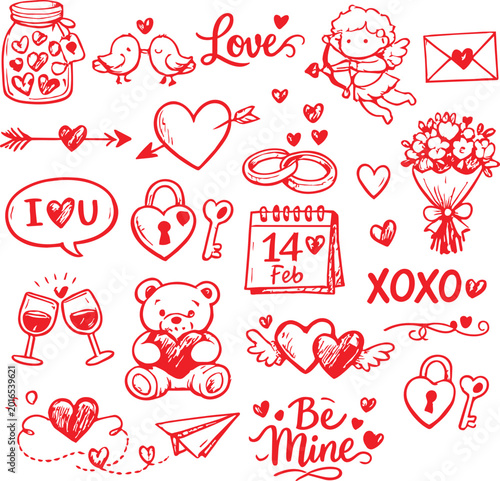Love Doodle Elements  A collection of charming hand drawn illustrations that perfectly encapsulate the spirit of love and affection. Includes elements of affection like heart.