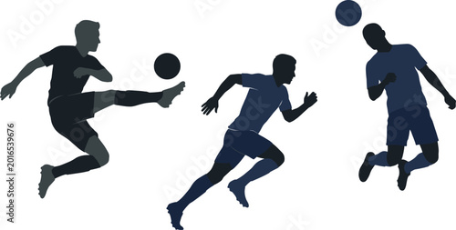Schilderij op canvas Dynamic soccer player silhouettes performing action shots including high kick ru