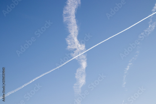 A white aircraft contrail in the sky. A forest of trees.