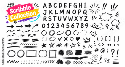 Canvastavla Hand drawn black crayon scribbles and number font set with charcoal doodle arrows, sketch hearts, crown symbols, rough brush marks and playful handwritten emphasis elements