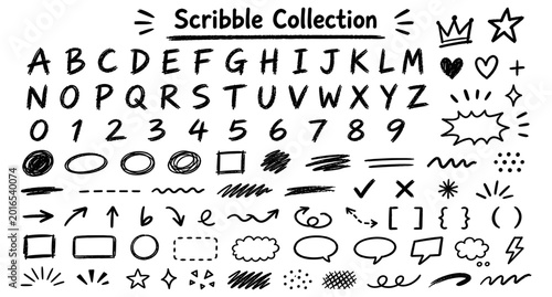 Fotografia Charcoal scribble typography and handwritten alphabet collection with black crayon numbers, sketch arrows, crown doodles, hearts, speech bubbles and rough emphasis marks