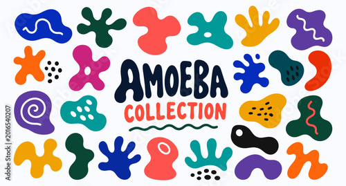 Photos Colorful organic blob shapes collection with abstract liquid amoeba forms, playful fluid geometric elements, funky cartoon splashes and groovy irregular stickers