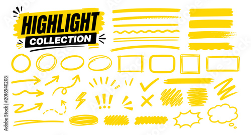 Cuadro en lienzo Hand drawn yellow highlighter marks with bold marker strokes, text underline lines, arrows, circles and rectangle frames for notes, planners and graphic design