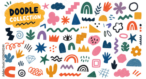 Foto Funky crayon doodle shapes collection with abstract geometric squiggles, naive stars and primitive figures