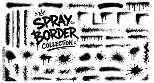 Foto Urban graffiti spray paint borders and stencil ink splashes, rough paint blot fr