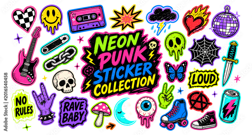 Fototapeta premium Neon y2k punk sticker collection with rock and roll doodles, grunge scrapbook elements, lightning, flames, hearts and scribble icons for collage, zine and street style vector illustration