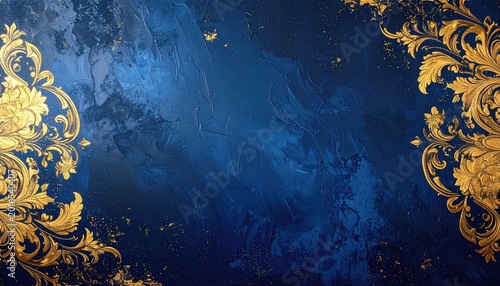 Elegant royal blue background with golden floral accents for design