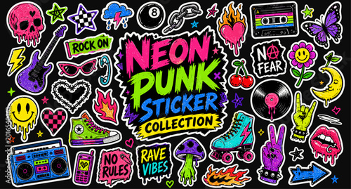 Foto Y2k neon rock punk sticker pack with crayon drawn grunge doodles, fire flames, h