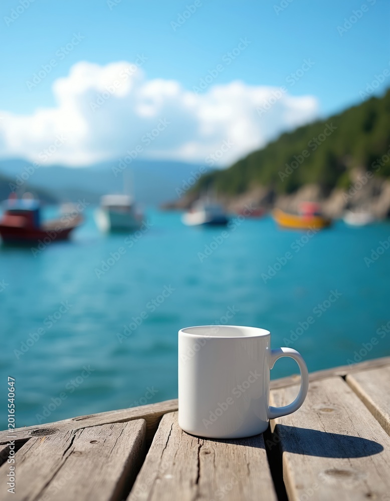 Obraz premium White mug on weathered wooden dock. Boats float on calm blue bay water. Sunny day brings peace and quiet. Nature scene evokes morning coffee.