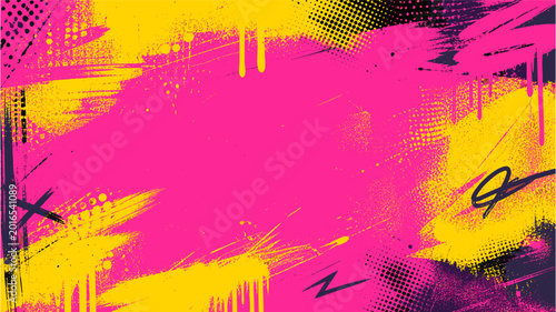Foto Neon punk graffiti spray paint background with distressed halftone texture, urba