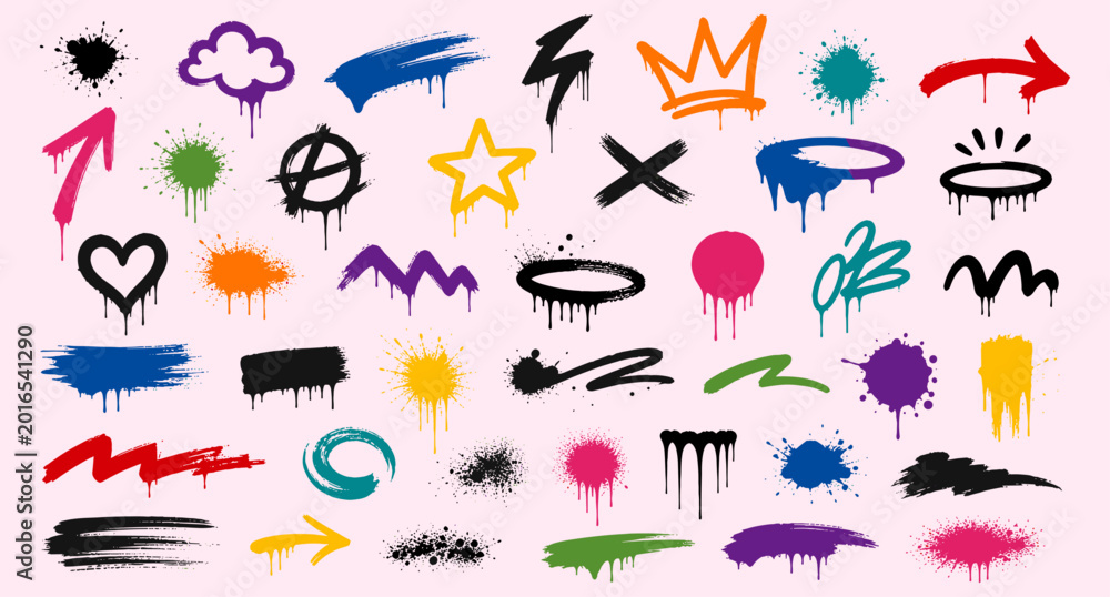 Fototapeta premium Urban graffiti spray paint icon collection with grunge splatter arrows, street art tags, drip symbols, brush strokes, spray texture elements and hip hop vector illustration