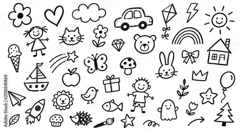 Bilde på lerret Funky childish doodle icons and cute crayon drawings collection for kids design,