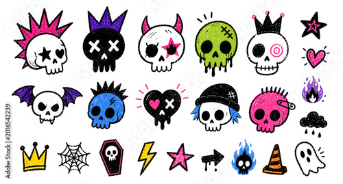 Schilderij op canvas Punk skull sticker collection with crayon scribble doodles, gothic horror skulls