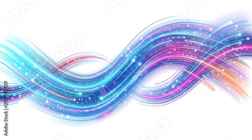 Abstract digital wave of glowing blue and pink light trails with binary code and circuit patterns on white background