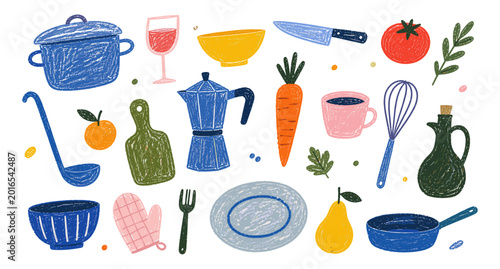 Foto Blue crayon kitchen utensils and cooking appliance doodles