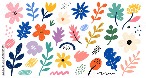 Bild auf Leinwand Colorful naive flower doodles with bold crayon lettering and grunge botanical brush strokes