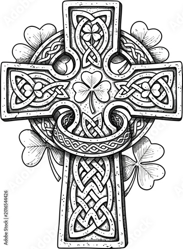 Vászonkép Intricate celtic cross with shamrock and knotwork design Vector