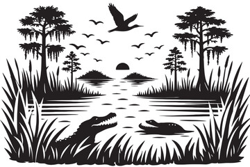 Sierkussen Zwart Vintage Florida swamp landscape vector, black and white bayou scene with alligators and cypress trees, wild river sunset with flying birds  © mr faisal