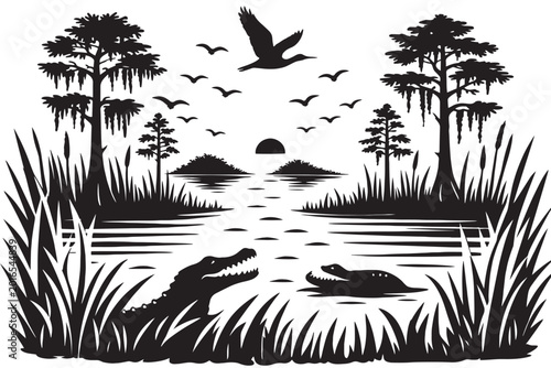 Photos Vintage Florida swamp landscape vector, black and white bayou scene with alligat