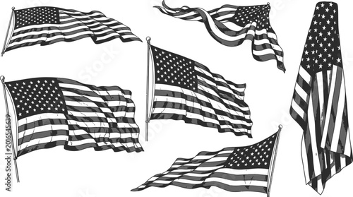 American flags waving in the wind on black background