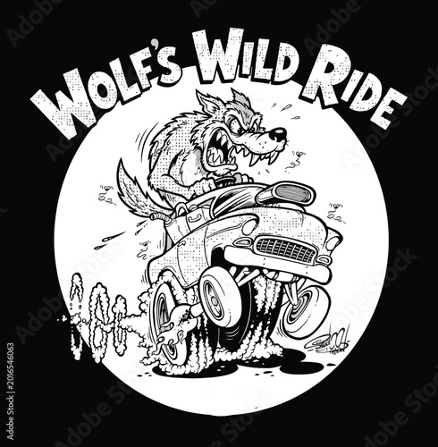Bilde på lerret Edgy Wolf Mascot Driving Hot Rod Muscle Car Vector Line Art