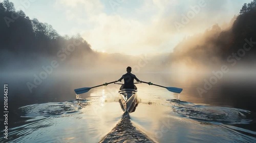 A lone rower navigates a tranquil lake embraced by mist. Capturing a sense of determination and serenity, a scene of solitude and the beauty of nature.