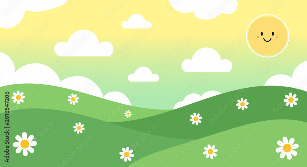 Fototapeta premium Whimsical cartoon landscape with smiling sun and daisies on rolling green hills