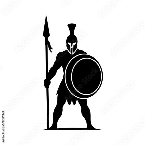Ancient greek hoplite warrior standing with shield and spear