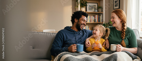 Happy diverse family laughing together on a sofa with warm drinks. Multiracial parents and daughter bonding at home under a blanket. Cozy lifestyle concept with copy space