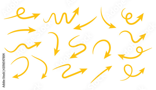Set of hand drawn yellow arrows with various curved and wavy isolated on transparent background