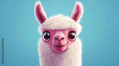 A charming llama, radiating warmth and friendliness, with a fluffy, white coat and expressive eyes. The vibrant blue background perfectly complements the llama's features.