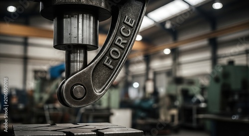 Industrial press lever descending with embossed 'FORCE' text in factory setting, symbolizing power and inevitability