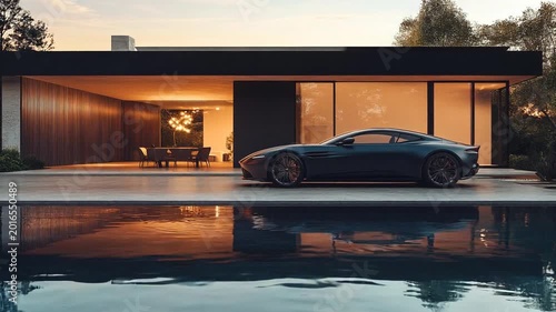 A sleek, luxurious car parked in front of a modern, minimalist home, reflecting the elegance and sophistication of luxury living.