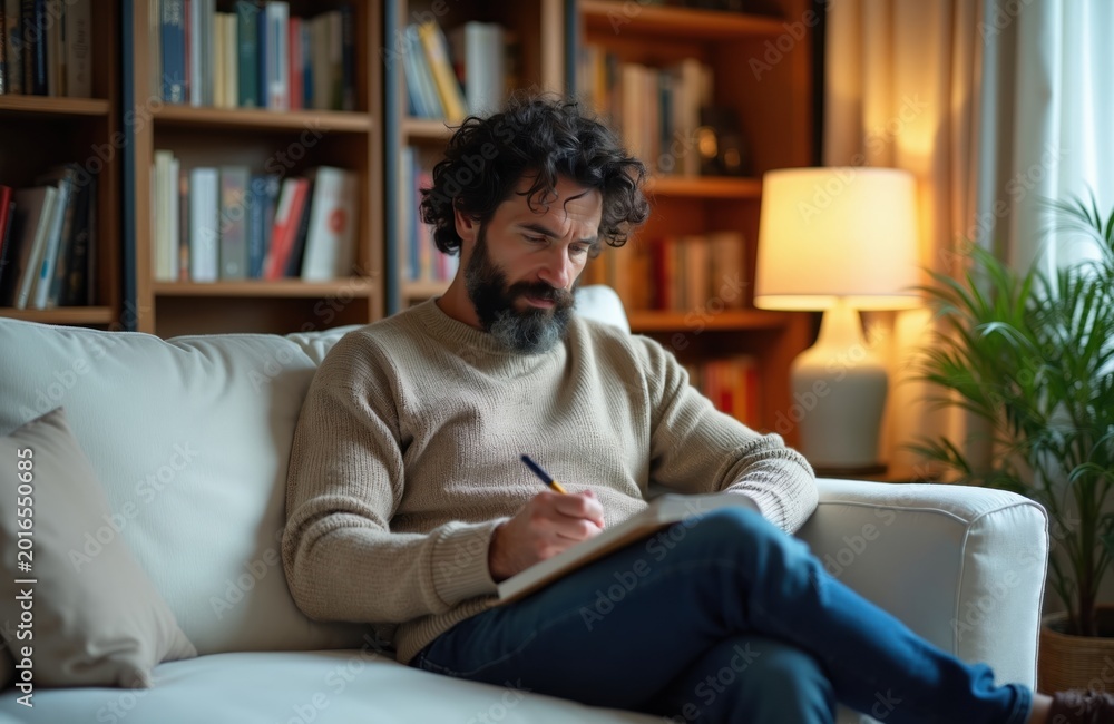 Obraz premium Bearded man sits on sofa writing in notebook. He wears sweater, jeans, works indoors with books, lamp, plant. Mature person plans ideas, thinks.