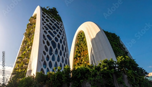 Modern architectural towers with greenery against blue sky in daylight