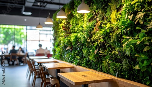 Modern interior with living wall and tables commercial and editorial uses