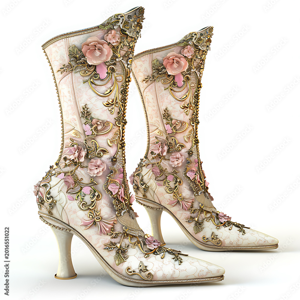 Fototapeta premium Luxurious high heeled boots featuring ornate gold embroidery and soft pink roses