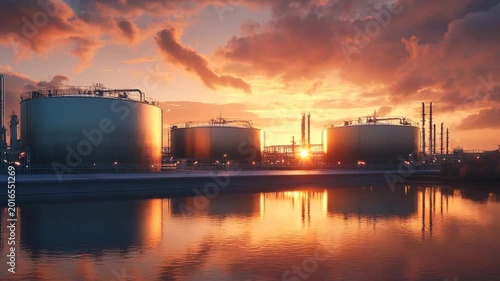 An Industrial Landscape: Oil refinery storage tanks gleam beneath a vibrant sunset, reflected in the serene water, evoking feelings of industry and natural beauty.
