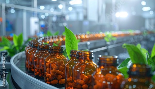 Pharmaceutical production line featuring brown bottles and green leaves