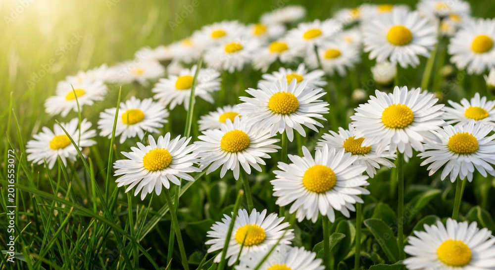 Fototapeta premium Beautiful white daisies with yellow centers in a lush green field on a sunny day with warm lighting and soft focus