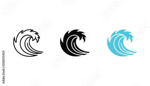 Photography Ocean wave icons for surfing and water sports in line art solid black and flat b